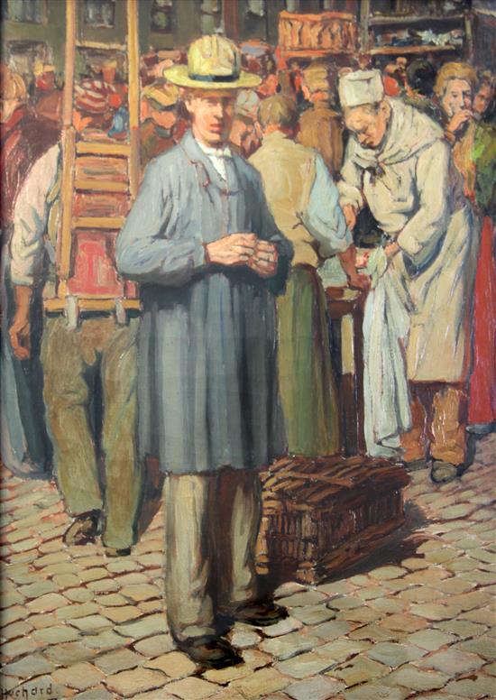 § Gaston Hochard (1863-1913) Belgian market scene, 30.5 x 25in.